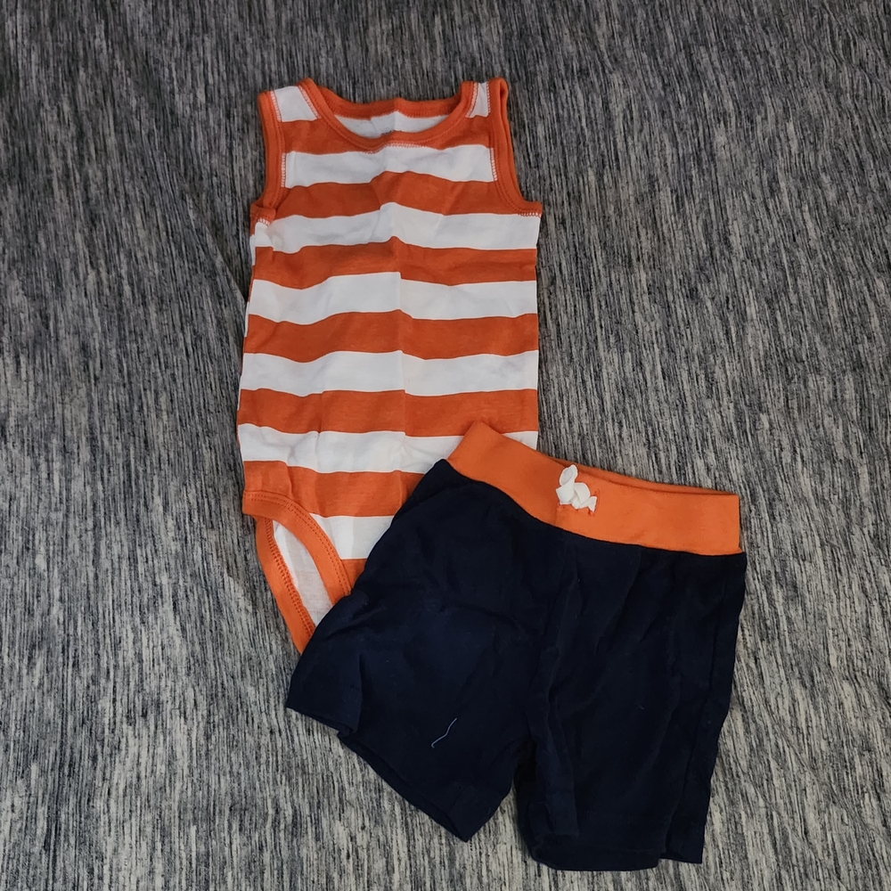 Carter's Orange and White Striped Onesie with Navy Shorts
